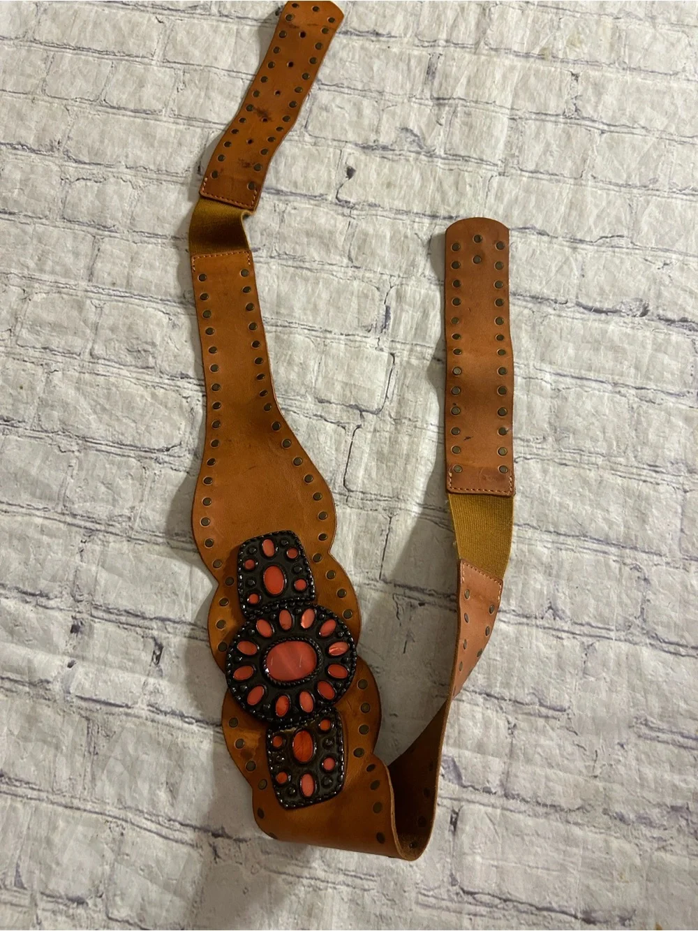 BOHO WESTERN WIDE RUST DARK CARMEL LEATHER BRASS STUDS CORAL MEDALLION BELT